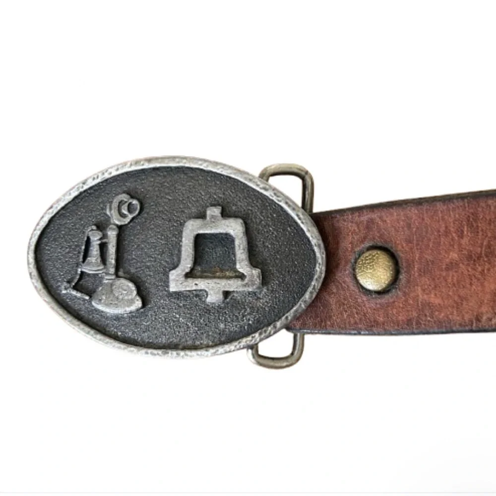 Rare Vtg Bell Telephone Lineman Silver Metal Belt Buckle and Vtg Leather Belt